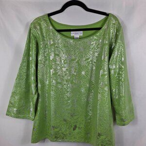 Susan Graver Top Blouse Women's Size XL Green with Silver Metallic Floral Design